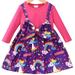 Popshion Toddler Girls Unicorn Bowknot Dress Colorblock Round Neck Casual Mid-length Fall Dress