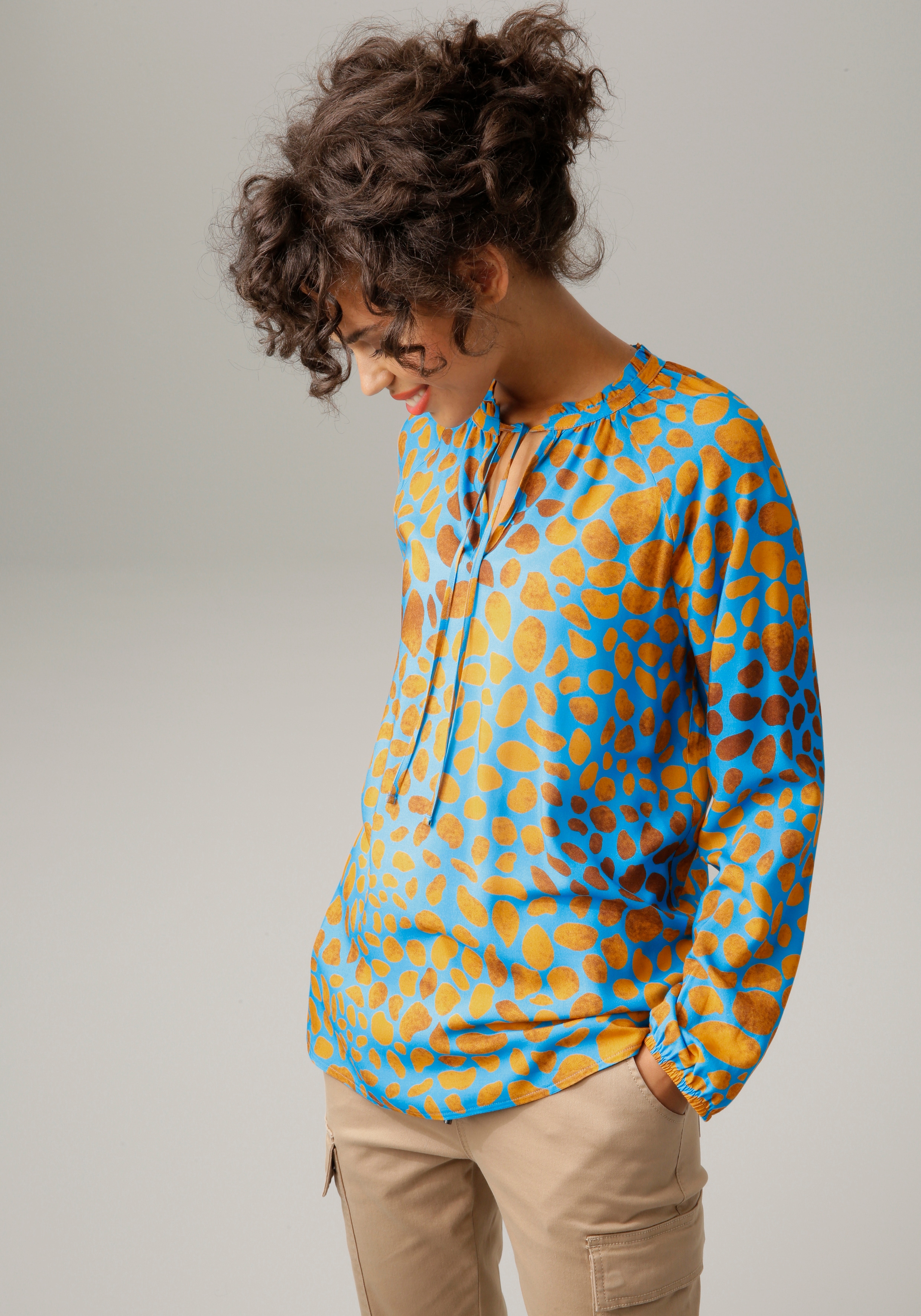 Schlupfbluse ANISTON CASUAL, Damen, Gr. 42, bunt (türkis, hellorange, braun), Web, Obermaterial: 100% Viskose, bedruckt, gemustert, lässig geschnitten hüftbedeckend, V-Ausschnitt, Raglanärmel elastischer Bund mit Gummizug, Blusen Schlupfbluse, mit...