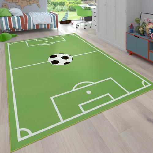 "Kinderteppich PACO HOME ""Bino 568"" Teppiche Gr. B/L: 120 cm x 160 cm, 9 mm, 1 St., grün Kinder Kinderzimmerteppiche Kurzflor, Spiel-Teppich, Motiv Fußballfeld, Kinderzimmer"