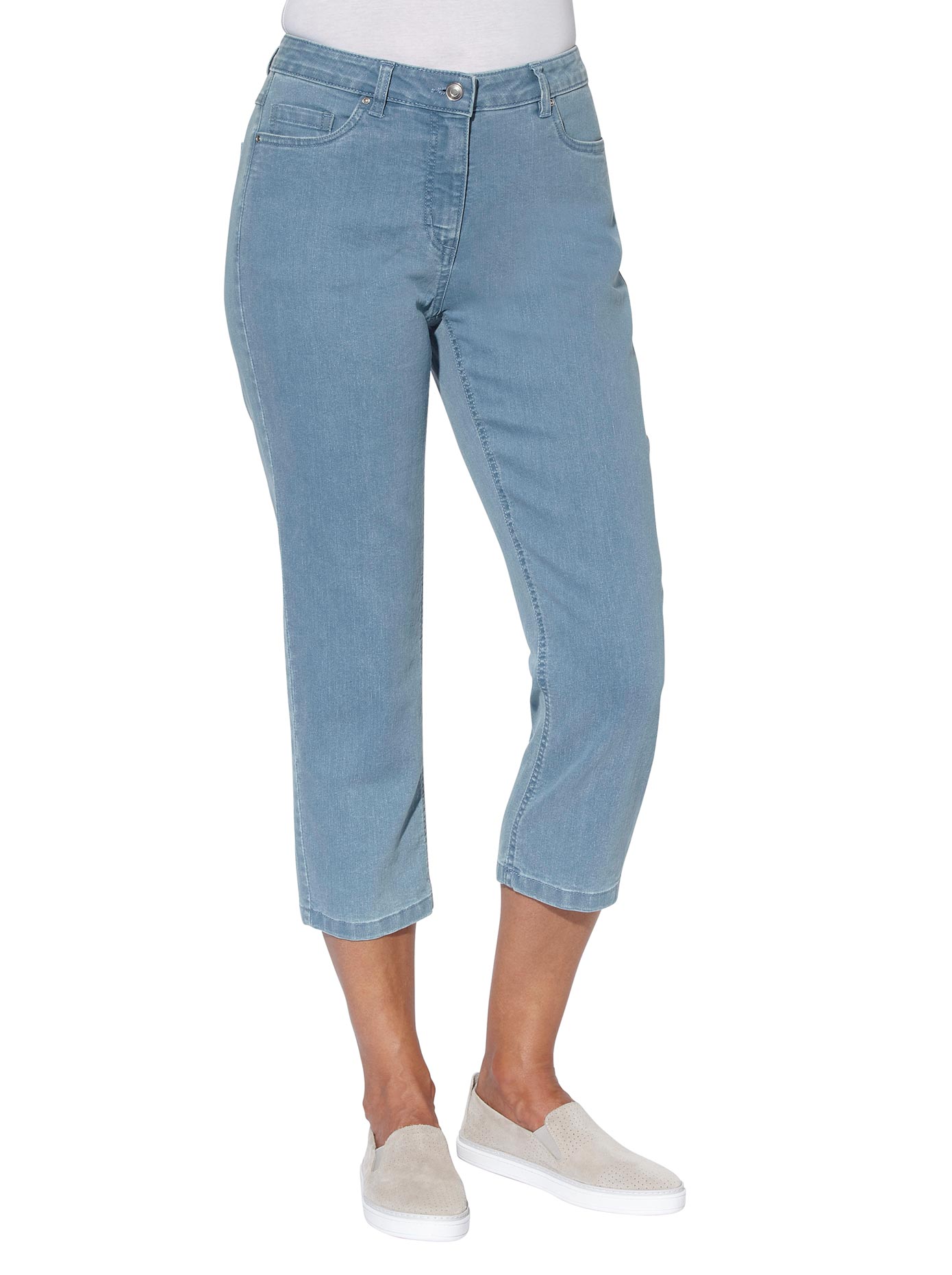 3/4-Jeans CASUAL LOOKS, Damen, Gr. 22, Kurzgrößen, blau (blau, bleached), 81% Baumwolle, 17% Polyester, 2% Elasthan, unifarben, 3/4-Länge, Jeans
