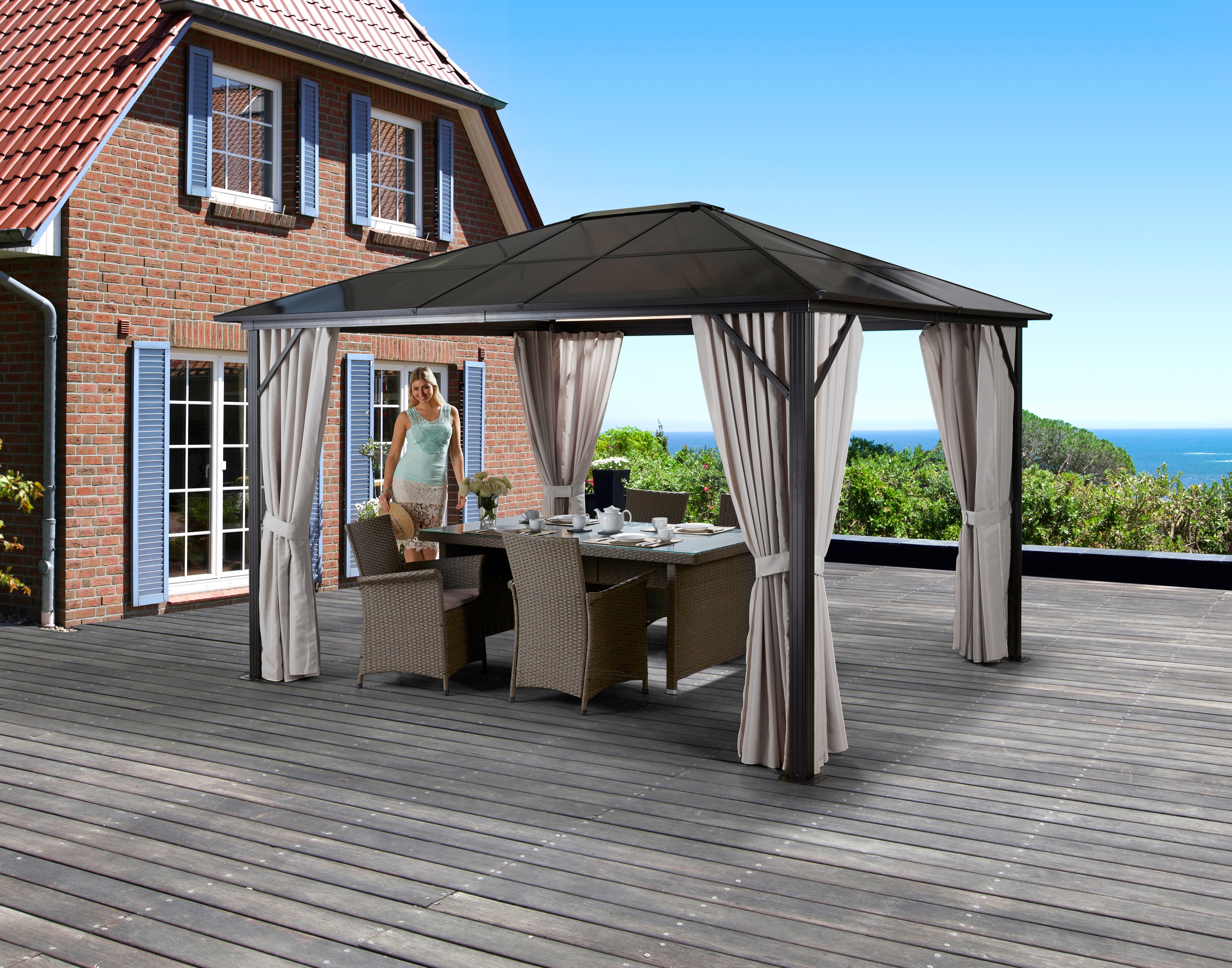 Pavillon KONIFERA "Aruba", beige, B/H/T: 300cm x 260cm x 400cm, Pavillons, BxT: 3x4m, robustes Aluminiumgestell mit PC-Dach