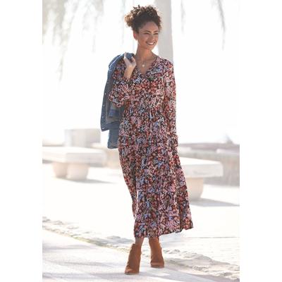 Maxikleid LASCANA, Damen, Gr. 42, N-Gr, bunt (floral, bedruckt), Web, Obermaterial: 100% Viskose, bedruckt, geblümt, modisch, figurumspielend ca. Mitte Wade, V-Ausschnitt, Langarm elastischer Bund, Kleider, mit Blümchenprint und V-Ausschnitt,... Image
