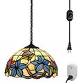 FSLiving Plug in Pendant Light Tiffany Style Hanging Light Fixture with PIR Motion Sensor Socket Auto ON/Off and Dimmable Ceiling Light for Bedroom Foyer Hallway Kitchen Island E26 Socket - 1 Pack