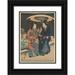 Utagawa Kunisada (Toyokuni III) 11x14 Black Ornate Wood Framed Double Matted Museum Art Print Titled: Snow Scene; Woman in Blue Man in Red and Blue Under Black and White Umbrella (19t