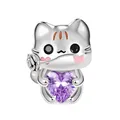 Bracelet à breloques en argent regardé 925 chat mignon étreinte cœur perle de pierre précieuse