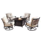 Outdoor Aluminum 42 in. Square Fire Table Set with Four Deep Seating Swivel Rocking Chairs & Accessories