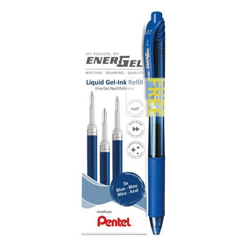 Promo-Pack: 3er-Set Ersatzmine für Gelroller + Gelroller »Energel BL 107« GRATIS blau, Pentel