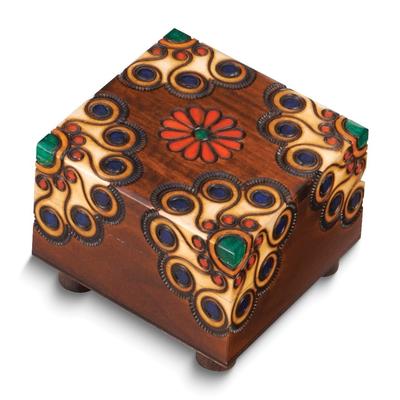 Curata Handcrafted Solid Wood Carved and Painted Floral Secret Puzzle Box