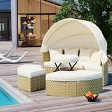 Patio Wicker Daybed Set Outdoor Round Sunbed Furniture Set Sectional Sofa Set with Coffee Table Retractable Canopy and Beige Cushion Conversation Lounger Set for Poolside Backyard Deck