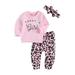 Bmnmsl Baby Sets Long Sleeve Round Neck Letter Pullover Leopard Trousers Headband