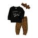 Bmnmsl Baby Sets Long Sleeve Round Neck Letter Pullover Leopard Trousers Headband