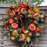 15.7in Fall Peony and Pumpkin Wreath - Year Round Wreath Artificial Fall Wreath Autumn Front Door Wreath Thanksgiving Wreath for Home Farmhouse Decor and Festival Celebration