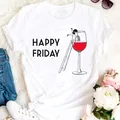 T-shirt Happy friday avec verres à vin pour femme vêtement féminin harajuku