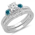 Dazzlingrock Collection 1.00 Carat (ctw) 14K Blue & White Diamond 3 Stone Bridal Engagement Ring Set 1 CT White Gold Size 7.5