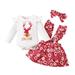 Kucnuzki Infant Baby Girl Clothes 9 Months Christmas Gifts Winter Skirt Sets 12 Months Long Sleeve Christmas Elk Prints Cozy Romper Top Suspender Skirt Headband 3PC Sets Red
