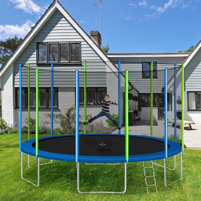 Kids Trampoline, Round Outdoor Recreational Trampoline with Safety Fence Mesh, Ladder and 8 or 12Wind Stakes