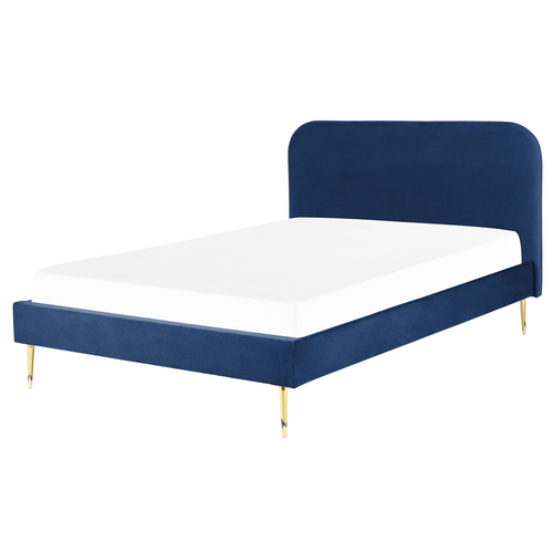 Bett Blau Samtstoff mit Lattenrost 140 x 200 cm Metallfüße Gold hohes Kopfteil Retro Glamourös Polsterbett Doppelbett Schlafzimmer