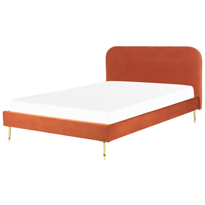 Bett Orange Samtstoff mit Lattenrost 180 x 200 cm Metallfüße Gold hohes Kopfteil Retro Glamourös Polsterbett Doppelbett 