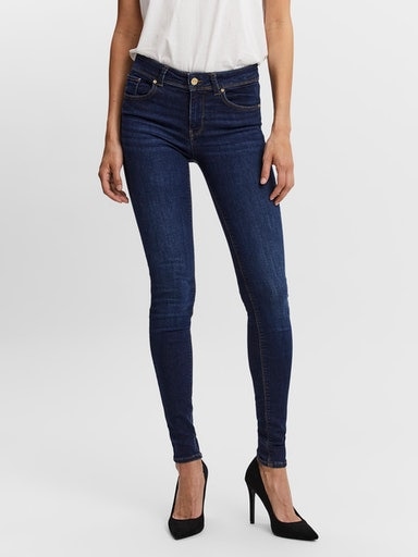 Skinny-fit-Jeans VERO MODA "VMLUX MR SLIM JEANS", Damen, Gr. XS (34), Länge 30, blau (dunkelblau denim), Denim/Jeans, Obermaterial: 92% Baumwolle, 6% Elastomultiester, 2% Elasthan, Basic, skinny fit, Jeans 5-Pocket-Jeans Image