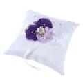 20*20cm Embellished Wedding Ring Pillow Cushion Pearl Flower Decorated Ring Bearer Pillow (Taro & Purple Flower)