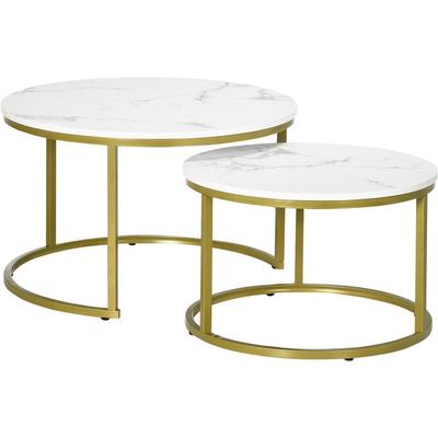 Lot de 2 tables basses gigognes rondes style art déco - acier doré panneaux aspect marbre blanc