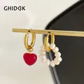 Ghidbk-Boucles d'oreilles créoles en acrylique avec cœur rouge pour femme perle d'eau douce