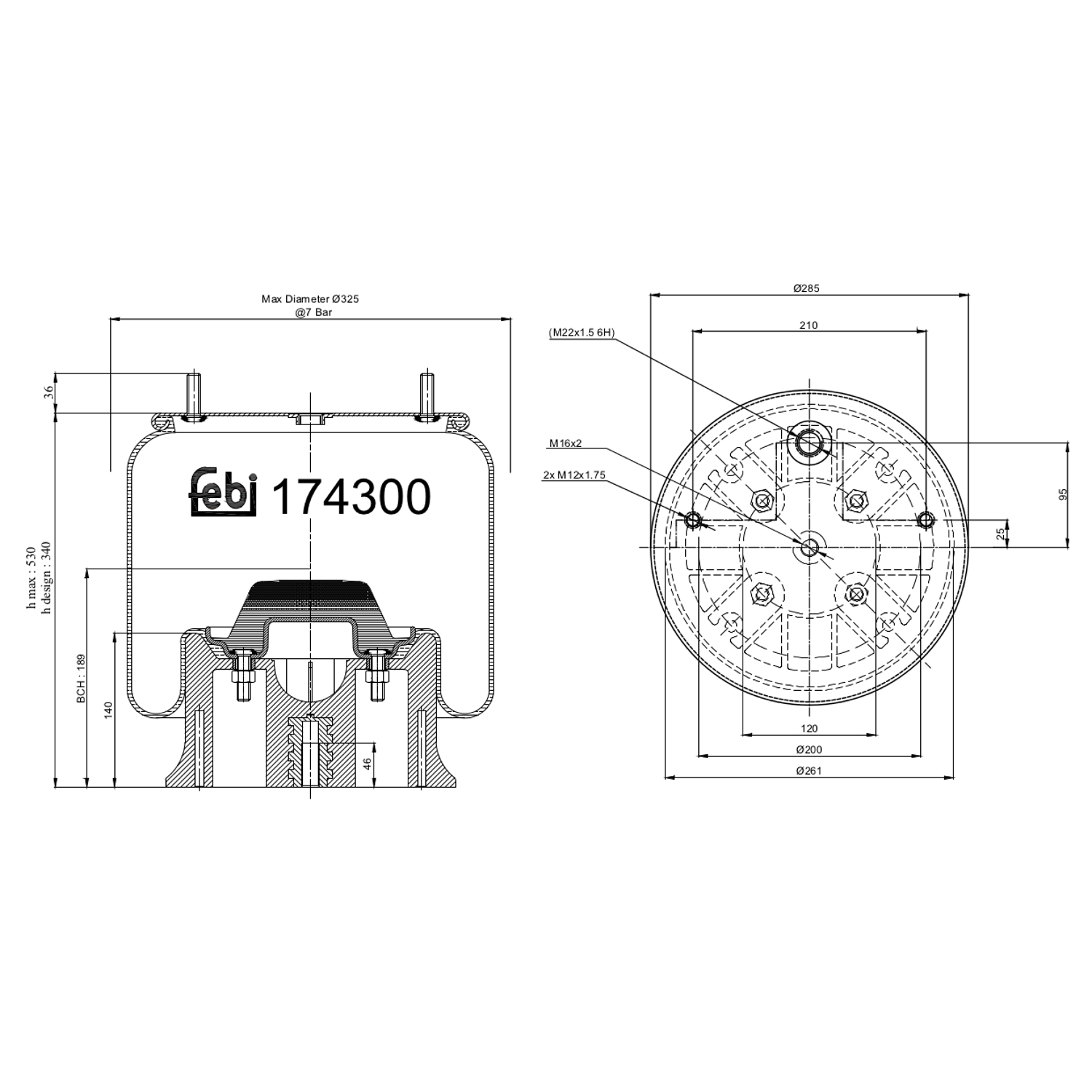 FEBI BILSTEIN Federbalg, Luftfederung Universal mit Kolben 261mm 174300 Image