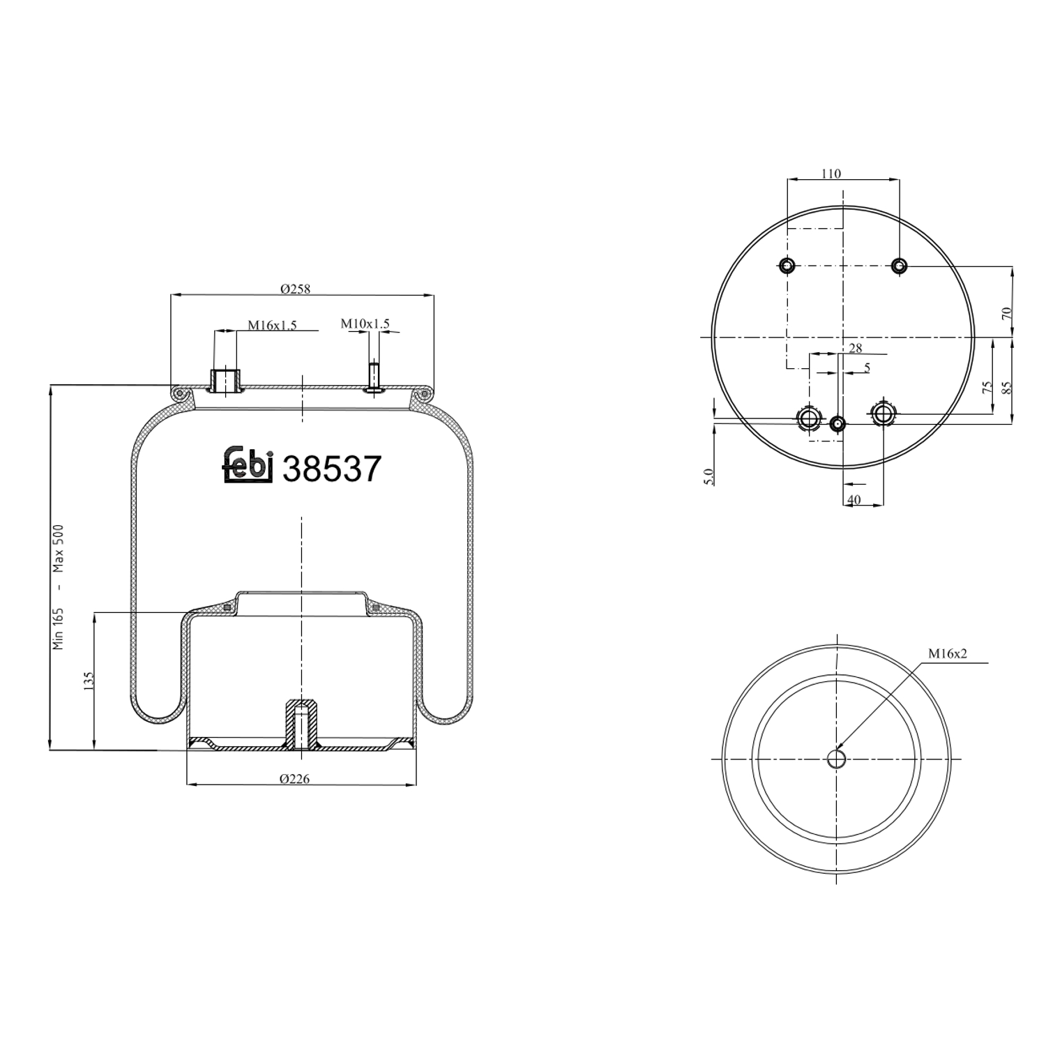 FEBI BILSTEIN Federbalg, Luftfederung 38537 Universal hinten rechts links mit Kolben 225mm für DAF 388167 388166 388168 Image