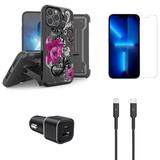 Accessories Bundle for iPhone 14 Pro Case - Heavy Duty Rugged Protector Cover (Lotus Flower) Belt Holster Clip Screen Protectors 30W Dual Car Charger USB-C to MFI Certified Lightning Cable