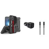 Accessories Bundle for iPhone 14 Pro Max Case - Heavy Duty Rugged Protector Cover (Thin Red Line Skull) Belt Holster Clip 30W Dual Car Charger Heavy Duty USB-C to MFI Certified Lightning Cable