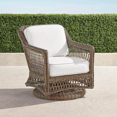 Hampton Swivel Lounge Chair in Driftwood Wicker - Standard, Resort Stripe Glacier - Frontgate