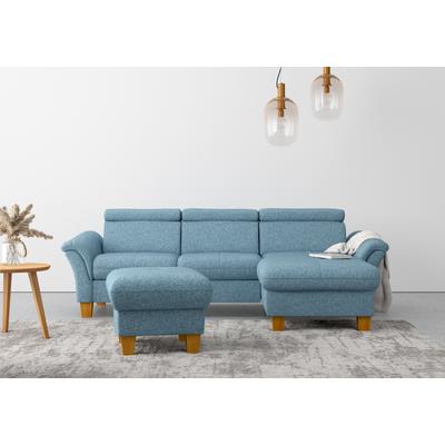 Ecksofa HOME AFFAIRE "Lindgren L-Form", blau (eisblau), B:258cm H:84cm T:169cm, 100% Polyester, Sofas, wahlweise mit Bett mit klappbaren Rollen, Kasten und Kopfverstellung Image