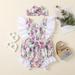 Baby Kids Girls Sleeveless Ruffle Bow Floral Romper jumpsuit+Headband Set Pink 100