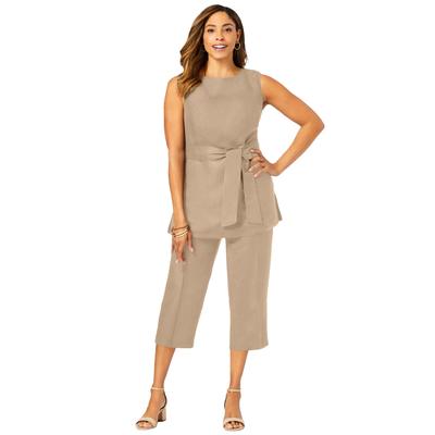 Plus Size Women's 2-Piece Linen Capri Set by Jessica London in New Khaki (Size 22) Washable Rayon Linen Blend