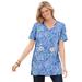 Plus Size Women's Perfect Printed Short-Sleeve Shirred V-Neck Tunic by Woman Within in French Blue Jacquard Floral (Size M)