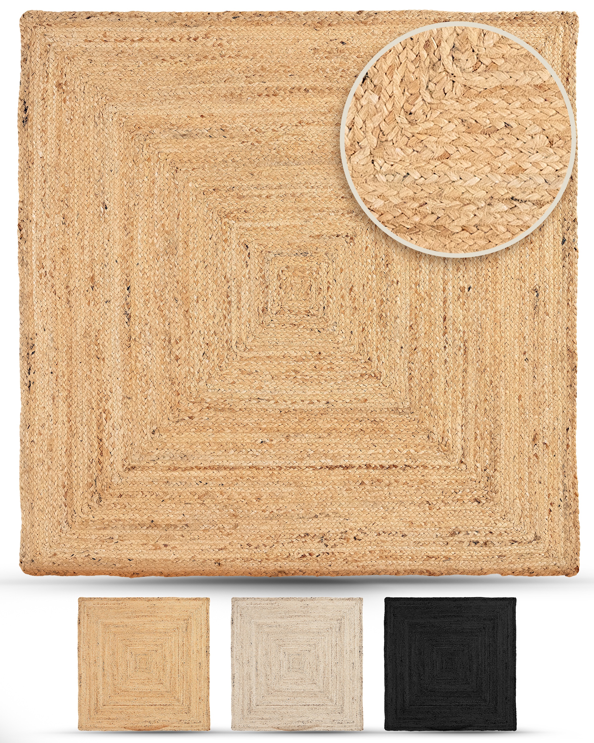 Teppich CARPETFINE "Nele Juteteppich Naturfaser", beige (natur), B:300cm H:6mm L:300cm, Jute, Teppiche, geflochtener Wendeteppich aus 100% Jute, quadratisch und als Läufer Image