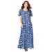 Plus Size Women's Flutter-Sleeve Crinkle Dress by Roaman's in Navy Ikat Floral (Size 38/40)