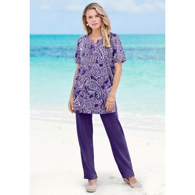 Plus Size Women's Plus Size Soft Knit Print Tunic with Notch Neckline by Roaman's in Violet Lacey Paisley (Size 5X) Short Sleeve T-Shirt