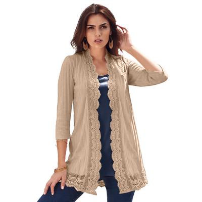 Plus Size Women's Crochet-Trim Pointelle Cardigan by Roaman's in New Khaki (Size 26/28) 3/4 Sleeves