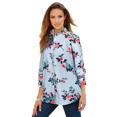 Plus Size Women's Long-Sleeve Kate Big Shirt by Roaman's in Pale Blue Mixed Flowers (Size 34 W) Button Down Shirt Blouse