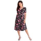Plus Size Women's Ultrasmooth® Fabric V-Neck Swing Dress by Roaman's in Black Sketch Blossoms (Size 34/36)