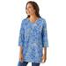 Plus Size Women's Perfect Printed Three-Quarter-Sleeve V-Neck Tunic by Woman Within in French Blue Jacquard Floral (Size 26/28)
