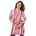 Plus Size Women's Long-Sleeve V-Neck Ultimate Tunic by Roaman's in Coral Textured Stripe (Size 1X) Long Shirt