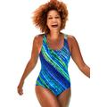 Plus Size Women's Chlorine Resistant Cross Back One Piece Swimsuit by Swimsuits For All in Teal Diagonal Stripe (Size 8)