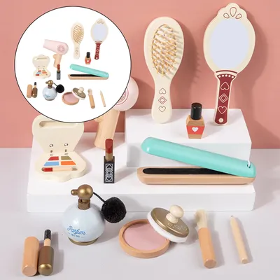 Kit de maquillage en bois pour enfants jeu de rôle peigne à cheveux brosse miroir Mascara