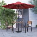 Merrick Lane Five Piece Faux Teak Patio Dining Set - 35 Square Table Two Armless Stacking Club Chairs 9 Red Umbrella and Base