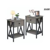 SR-HOME End Side Table Modern Night Stand Set Of 2 w/ Drawer &Storage Shelf For Bedroom Living Room Office Lounge Wood/Metal in Gray | Wayfair