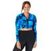Plus Size Women's Chlorine Resistant Long Sleeved Cropped Zip Tee by Swimsuits For All in Blue Electric Palm (Size 14)
