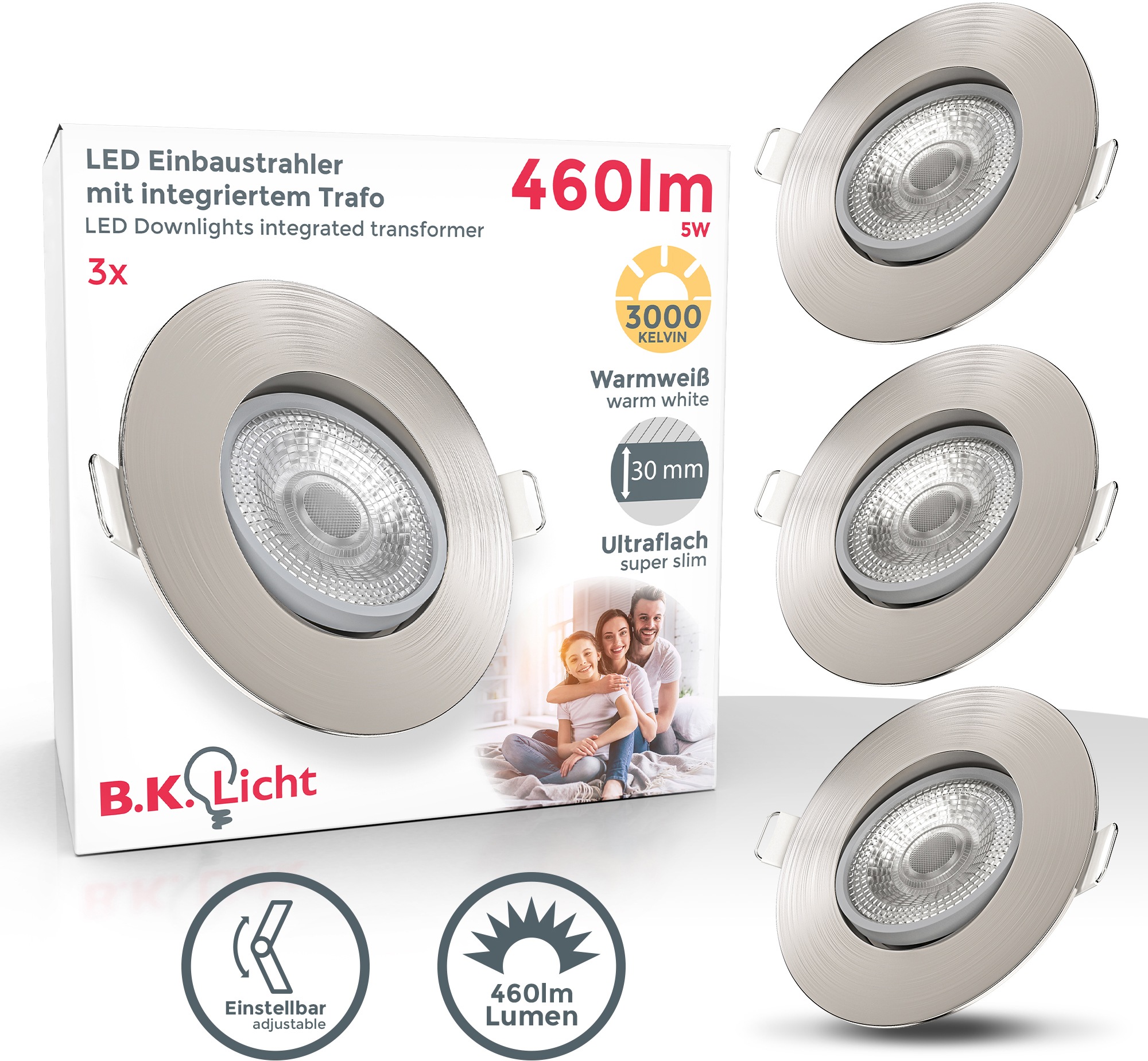 B.K.LICHT LED Einbauleuchte "3er Set Einbaustrahler, Schwenkbar, Deckenspots, flache Spots", silber (silberfarben), 3, Ø 9cm H: 2,4cm, 3 Stk., Leuchten, 3.000K, 480Lm, 4,9W, Kunststoff, 9 x 2,4 cm, Nickel, LED Einbaustrahler LED Deckeneinbaustrahler