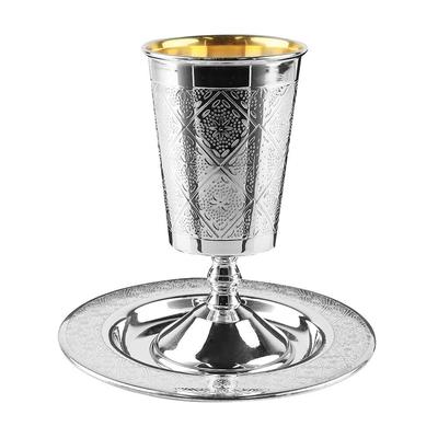 Kiddush Cup Set Diamond Design 925 Silver Coated - With Leg 5"